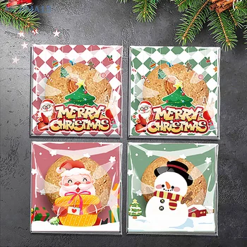 100шт Коледен подаръчен пакет Самоклеящийся пакет за опаковки за бисквити и бонбони Найлонова торбичка за печене на закуски за Коледна парти