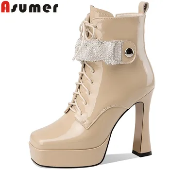 ASUMER 2023 Нови дамски обувки от лачена кожа с тесни каишка на ципа на дебел висок ток и платформа Есенни женски ботильоны