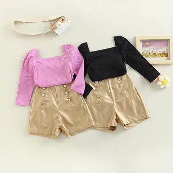 Citgeett/ Есен детски дрехи за малки деца и момичета, обикновена плетени блузи с дълги ръкави в рубчик и гънки + комплект шорти копчета от изкуствена кожа