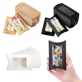 Бяла креативната кутия за бисквити и бонбони във формата на възглавници, Черна подарък кутия от крафт-хартия с прозорец за рожден ден, сватбени аксесоари за партита