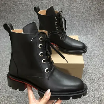 Високо качество Черни ботильоны елитни марка на червената подметка с кръгло бомбе от естествена телешка кожа в дебела подметка на равна подметка за мъжки дизайнерски обувки