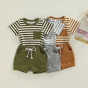 Годишният случайни комплект дрехи за малки момчета с къс ръкав, риза райе с джобове и къси панталони с еластичен ластик на талията, детски костюм от 2 теми дрехи