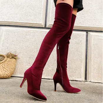 Голям размер 43, чубрица ботуши над коляното на тънък висок ток, дамски обувки бордо, син, черен на цвят, с остри пръсти, модерни дамски официални дълги ботуши