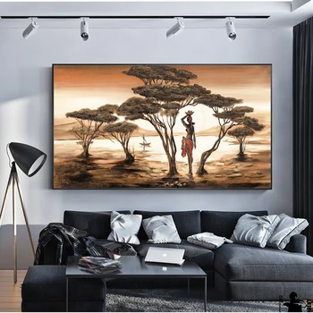 Декоративна стенопис Африкански пейзаж Печат върху платно Танцьорка около езерото Стенни живопис Печат HD изображения, Снимки Хол