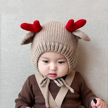 Детска вълнена шапчица за бебета и малки деца с хубави елени, удебелена защита на уши, топла вязаная зимна шапка за мъже и жени