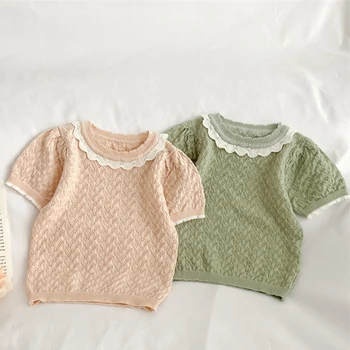 Детски пуловер за новородено, Нови Тънки възли пуловери за малки момичета, детски пуловери с волани и къс ръкав, потници в Корейски стил
