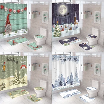 Дядо Коледа Весела Коледа на Тъканта Завеса за душ Водоустойчив Снежна сцена на Пердета за баня-Мини Подложки Капак на тоалетната чиния Подложка за баня