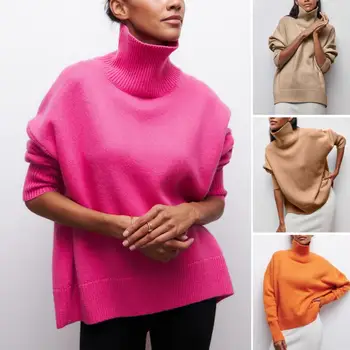 Есенно-зимния женски пуловер с висока яка за защита на шията, Обикновен Дебел Топъл Мек Пуловер с дълъг ръкав, Без Всекидневни Женски Пуловер