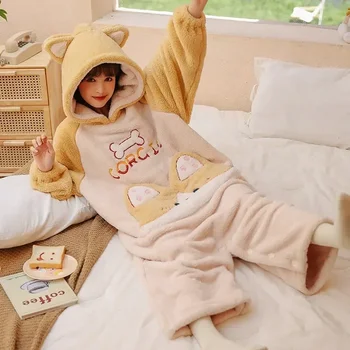Жена Корейски Женски Гащеризон Модел, Зимни Свободна Утепленная Пижама, Пижама За Почивка С Шарките На Corgi Кигуруми, Пижама За Възрастни