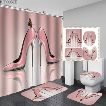 Завеса за душ с принтом на високи токчета, Дамски обувки, Розови завеси за баня, Фланелевый подложка за баня, пеперуда, калъф за седалката на тоалетната чиния, противоскользящий килим