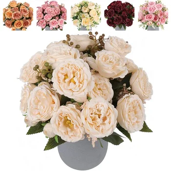 Изкуствен божур, 5 копринени цветя, роза, маргаритка, домашни декоративни цветя.