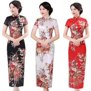 Китайското традиционната рокля с флорални принтом, елегантен Чонсам с къс ръкав и яка-часова, дебнещ рокля-калъф, женствена рокля-Чонсам