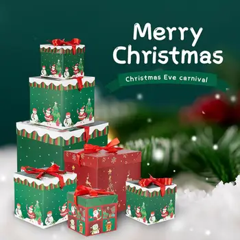 Коледна кутия от 3шт, сгъваема декоративна подарък кутия, Коледни квадратни кутии, папийонка с шарките на снежен човек, Подарък кутия весела Коледа