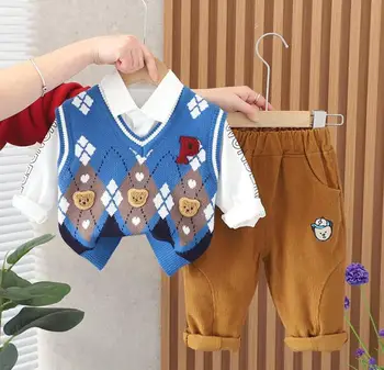 Комплект дрехи за най-малките момчета от 6 до 18 месеца cartoony мечка Качулки с отложным яка потник + панталон 2 бр. Бутикови облекла, детски спортни костюми bebes