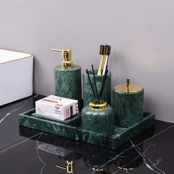 Комплект за баня от тъмно-зелен мрамор в скандинавски стил, Лесен Луксозен Поднос, държач за четка за зъби, Опаковка сапун, комплект за баня
