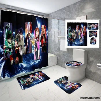 Комплект за баня от японски аниме My Hero Academy, нескользящий тоалетна, водоустойчив завеса за душ от три части, полиестер без перфорация