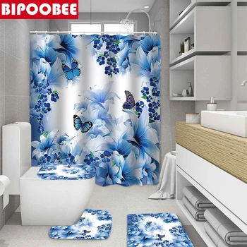 Красива завеса за душ с флорални принтом под формата на синя пеперуда с 12 куки, комплект постелки за баня, противоскользящий мека подложка за баня, домашен декор