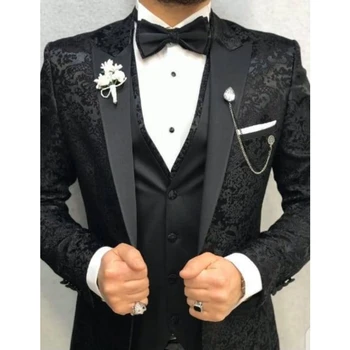 Луксозна Черна жаккардовая мъжки официалната облекло от тъкани с остър ревери, приталенные мъжки костюми, 3 предмет, сватбени смокинги за младоженеца, младоженците.