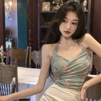 Лятна дамска риза с флорална принтом, Корейската версия на класики topa без ръкави