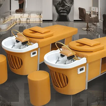 Модерни дизайнерски столове за фризьорски салон, дизайнерски стол за салон от изкуствена кожа, креативна легло за шампоан за медицински център