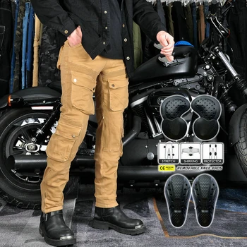 Мъжки Мотоциклетни Панталони За Езда с 4 X CE Armor, Панталони-Карго с Множество Джобове, Дънки за Мотокрос, Ретро Улични Колоездене, Панталони, Мото