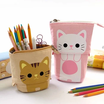 Платно калъф за моливи с сладък котка от карикатура, телескопична чанта за моливи, канцелярский молив случай с цип, молив случай за моливи с анимационни котка