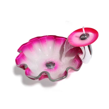 Плот от закалено стъкло леген художествен леген мивка във форма на мидена розово мивка комплект за баня