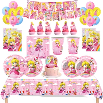 Празнични аксесоари Princess Peach За детски рожден ден, набор от прибори за еднократна употреба, балони на заден план, чиния за детската душа