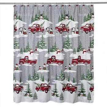 Снежен камион Автомобил в ретро стил, Коледно Дърво Реколта илюстрация в семеен стил Снежна зима изкуство Коледна завеса за душ