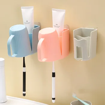 Стенен държач за четка за зъби, набор от подстаканников за изплакване на устата, просто стойка за съхранение на четка за зъби и паста за зъби в банята, без перфорация