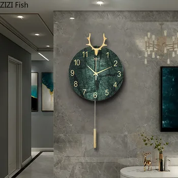 Стенни часовници от мрамор Модерен дизайн Безшумни стрелочные часовници с медна глава на елен Декоративни окачени часовник с махало