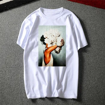 Тениска с принтом от естетичен млечен коприна в стил харадзюку с цветя от пера, женска тениска с кръгло деколте, дамски ежедневни бяла тениска
