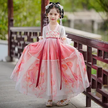 Традиционната розова бродерия на цвете Hanfu за момичета в китайски стил, детски костюми за cosplay, рокля Фея, костюм на принцеса Тан