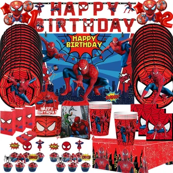 Украса за парти в чест на рождения ден на Човека-паяк Чинии, салфетки, картонени чаши, покривки за маси, с Човека-паяк, банер, аксесоари за парти в чест на рождения ден на супергерой