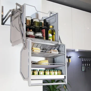 Шкаф за хладилник с двоен корпус, повдигаща кошница, двуслойни висящ шкаф с подвижни асансьор, кухненски стойка за съхранение