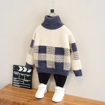 Вълнен пуловер за момчета, вязаный на една кука, памучно плетиво 2023, Здраво кадифе, есенни и зимни ученически върхове, топло детски дрехи