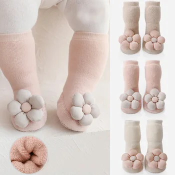 Домашни чорапи за деца Чорапи за новородени Зимни Дебели хавлиени памучни чорапи за момичета с гумена подметка Забавен чорап в цветенце за бебета