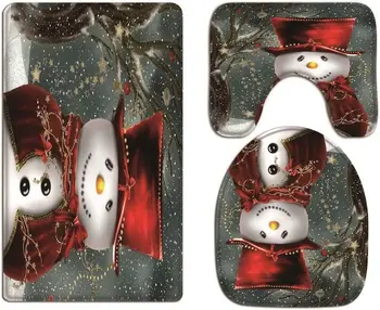 Комплект за баня, 3 предмет, Тиха Снежна Вечер, Снежен човек в червено облеклото, Украсата на Коледното парти, Фланелен Миещи се калъфи за седалките на тоалетната чиния
